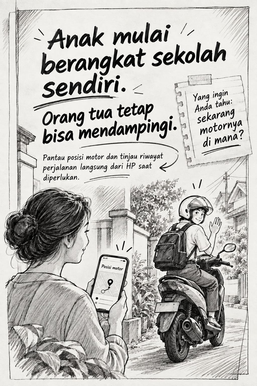Ilustrasi cerita: Anak mulai berangkat sekolah sendiri dengan sepeda motor, orang tua tetap bisa mendampingi melalui pantauan GPS di HP.