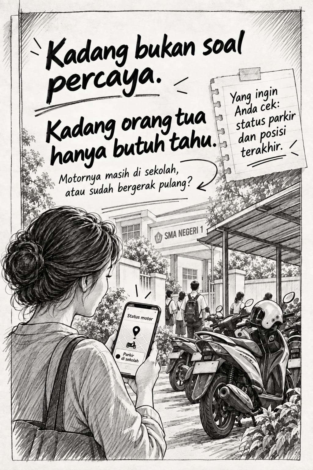 Ilustrasi cerita: Ibu memeriksa status parkir motor anak di sekolah dari HP. Kadang bukan soal percaya, kadang orang tua hanya butuh tahu.