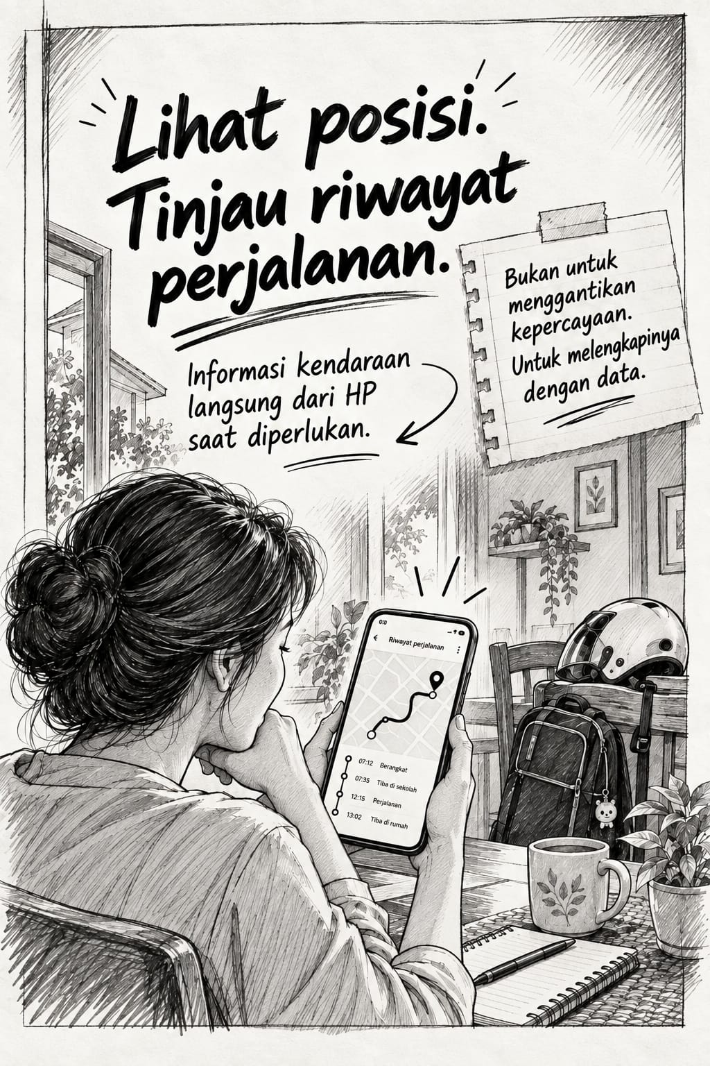 Ilustrasi cerita: Ibu meninjau riwayat perjalanan anak dari HP di meja kerja. Lihat posisi, tinjau riwayat perjalanan.