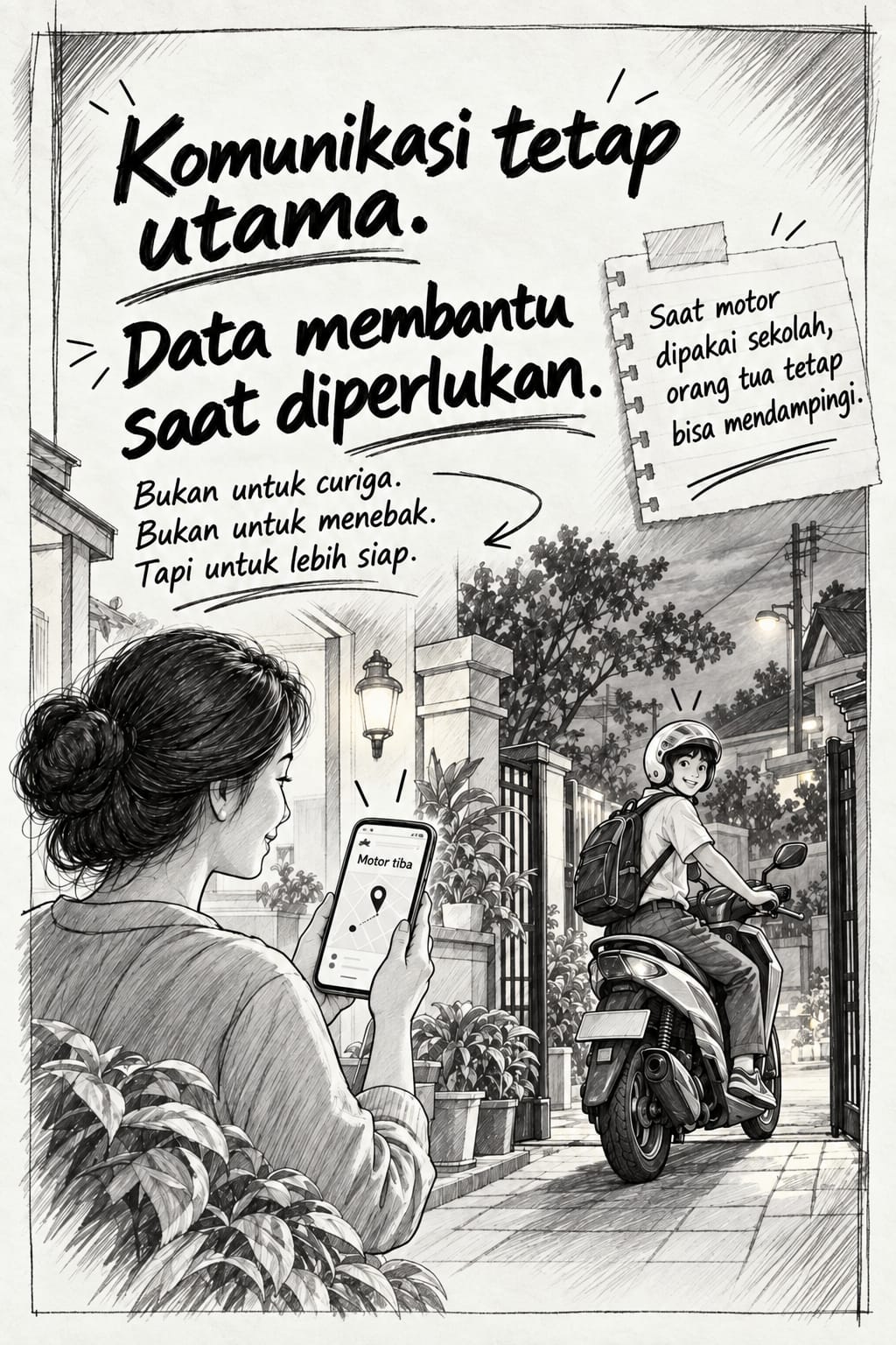 Ilustrasi cerita: Anak sampai di rumah dengan selamat dan notifikasi masuk ke HP ibu. Komunikasi tetap utama, data membantu saat diperlukan.